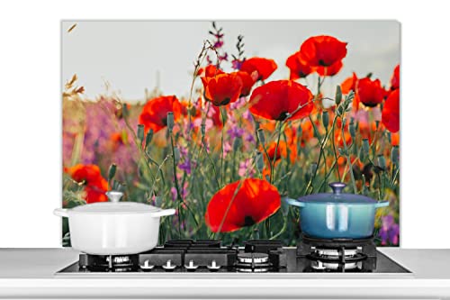 Spritzschutz Küche Küchenrückwand Alu Poster Bilder 100x65 cm Mohn - Blumen - Rot - Lila - Wiese von MuchoWow