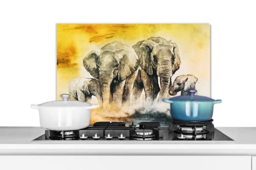 Spritzschutz Küche Küchenrückwand Alu Poster Bilder 60x40 cm Elefant - Aquarellfarbe - Familie von MuchoWow