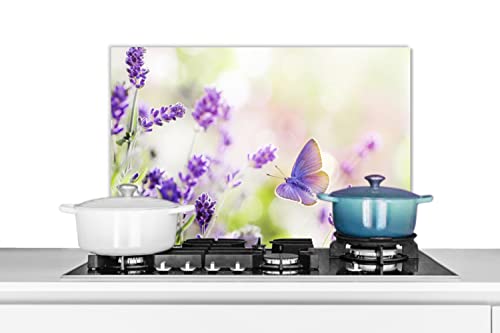 MuchoWow Spritzschutz Küche Küchenrückwand Alu Poster Bilder 70x50 cm Lavendel - Schmetterling - Blumen von MuchoWow