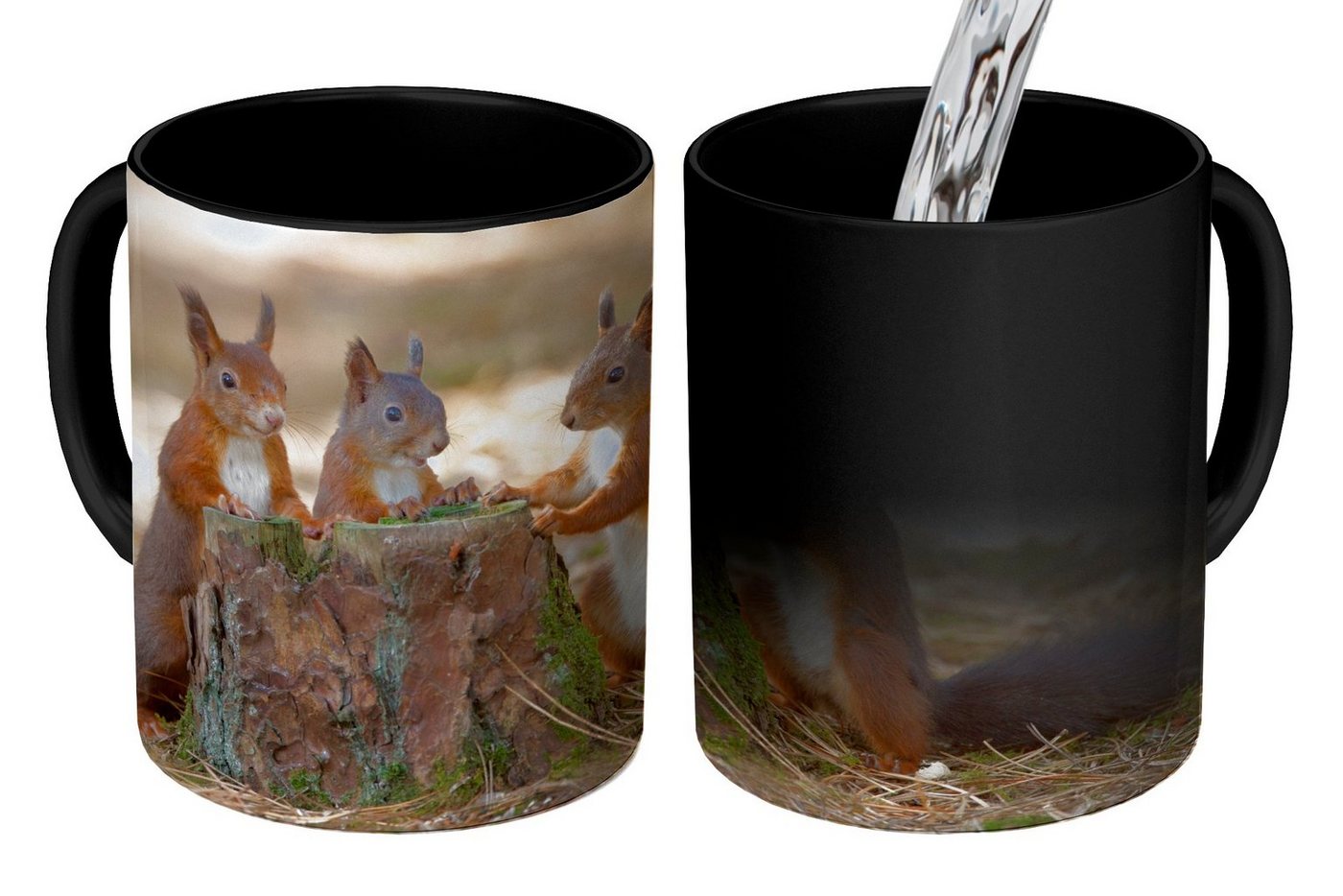 MuchoWow Tasse Drei Eichhörnchen um abgehackten Baum, Keramik, Farbwechsel, Kaffeetassen, Teetasse, Zaubertasse, Geschenk von MuchoWow