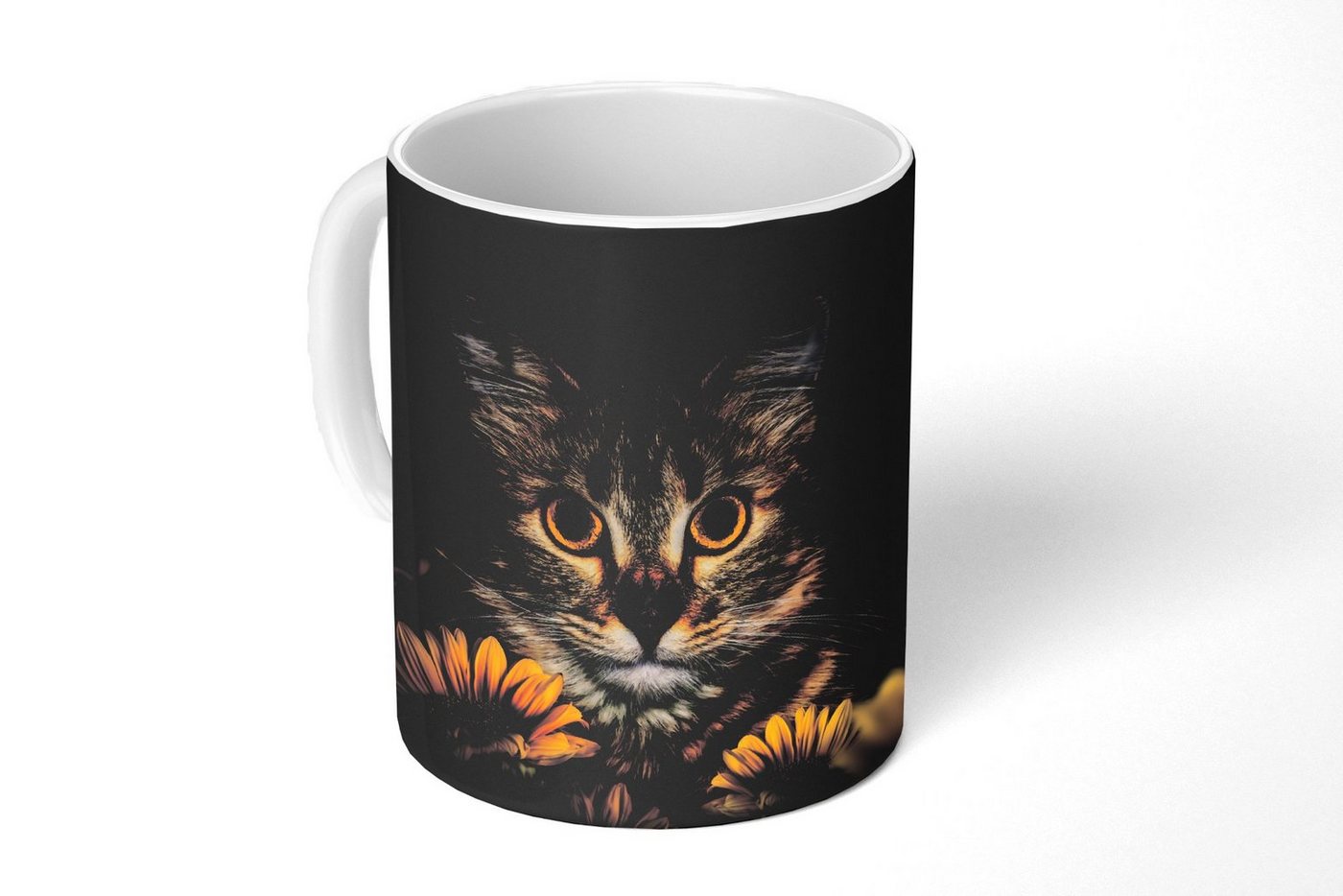 MuchoWow Tasse Katze - Gelb - Blumen - Botanisch, Keramik, Kaffeetassen, Teetasse, Becher, Teetasse, Geschenk von MuchoWow