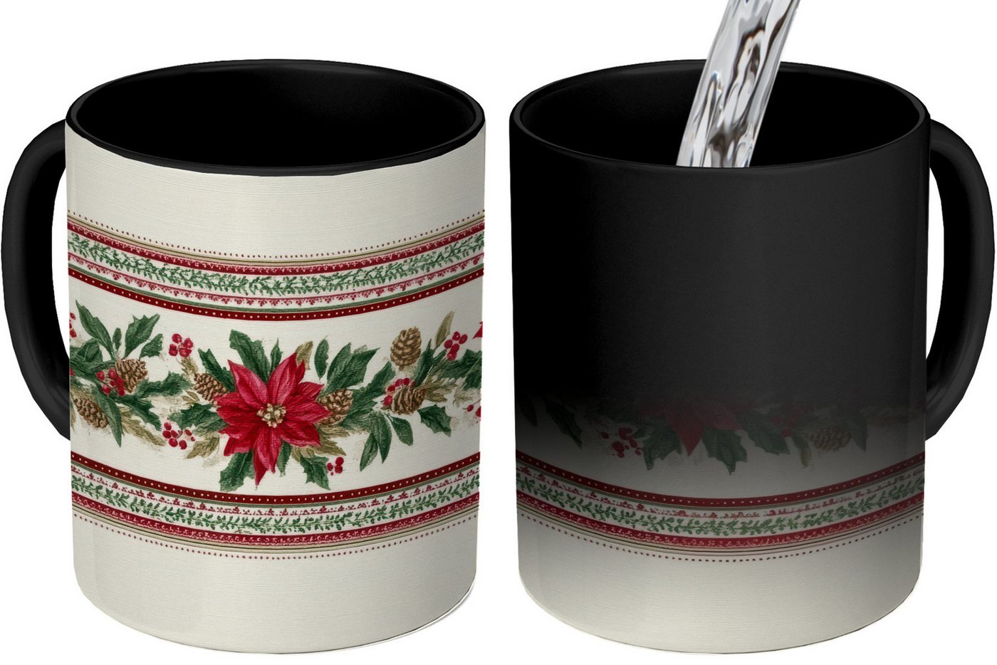 MuchoWow Tasse Weihnachtsstreifen - Weihnachtsstern - Rot - Grün, Keramik, Farbwechsel, Kaffee Tassen, Teetasse, Zaubertasse, Geschenk von MuchoWow