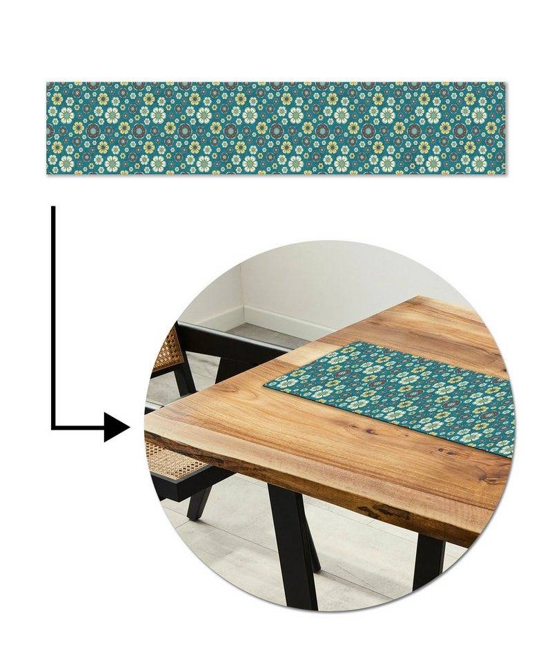 MuchoWow Tischläufer Retro - Blumen - Muster - Blau, Tisch Dekoration für Esszimmer, Wohnzimmer, Pflegeleicht, 150x30 cm von MuchoWow