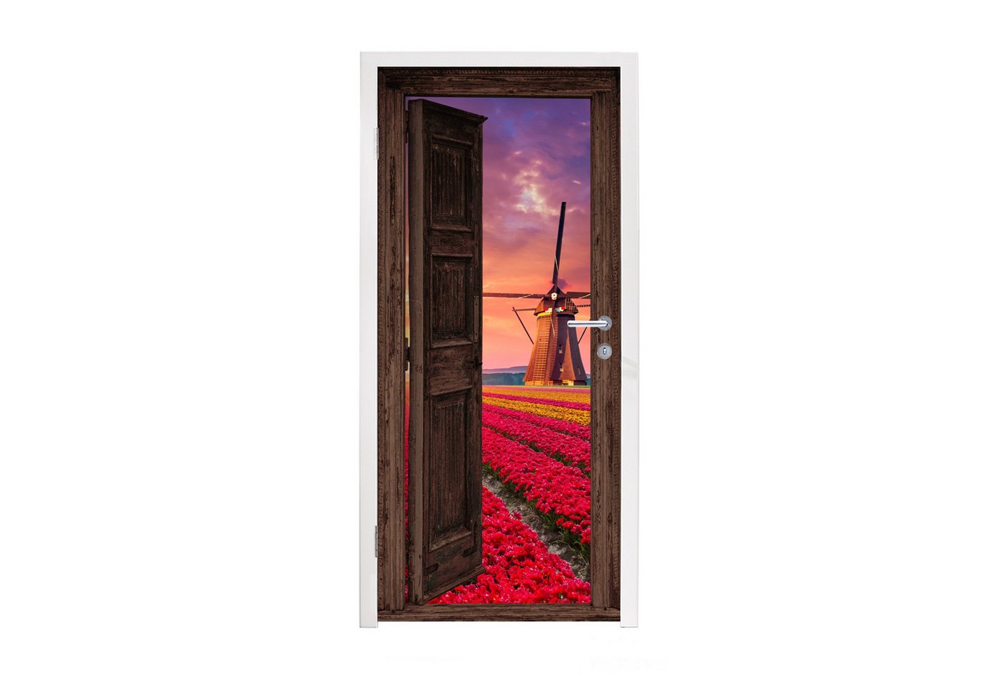 MuchoWow Türtapete Dunkelbraune Tür - Durchsichtig - Windmühle - Blumen, Matt, bedruckt, (1 St), Selbstklebende Tapete, Folie für Möbel, 75x205 cm von MuchoWow
