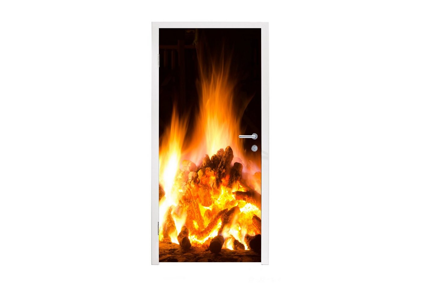 MuchoWow Türtapete Kamin vor schwarzem Hintergrund, Matt, bedruckt, (1 St), Selbstklebende Tapete, Folie für Möbel, 75x205 cm von MuchoWow