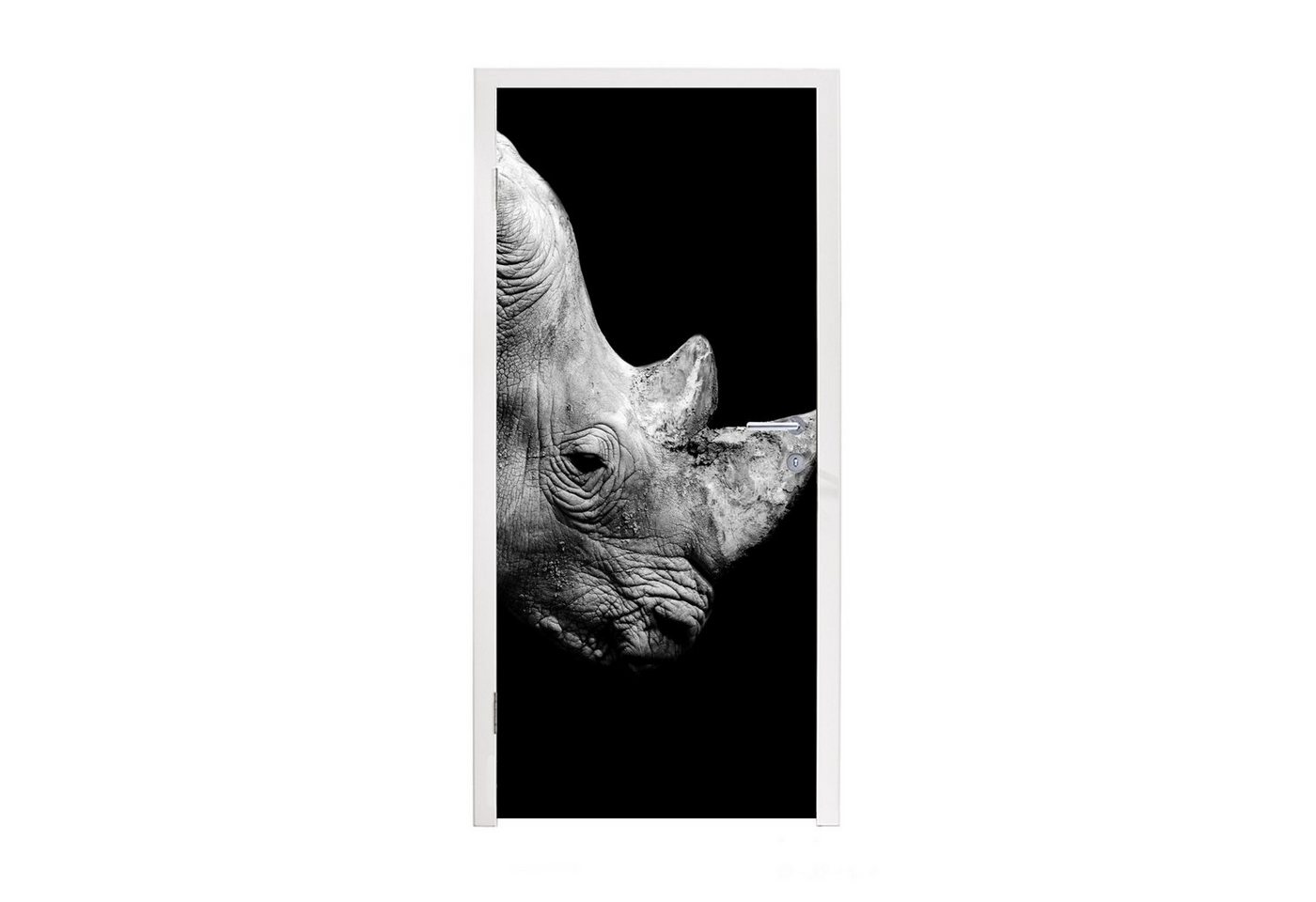 MuchoWow Türtapete Portrait Nashorn auf schwarzem Hintergrund, Matt, bedruckt, (1 St), Fototapete für Tür, Türaufkleber, 75x205 cm von MuchoWow