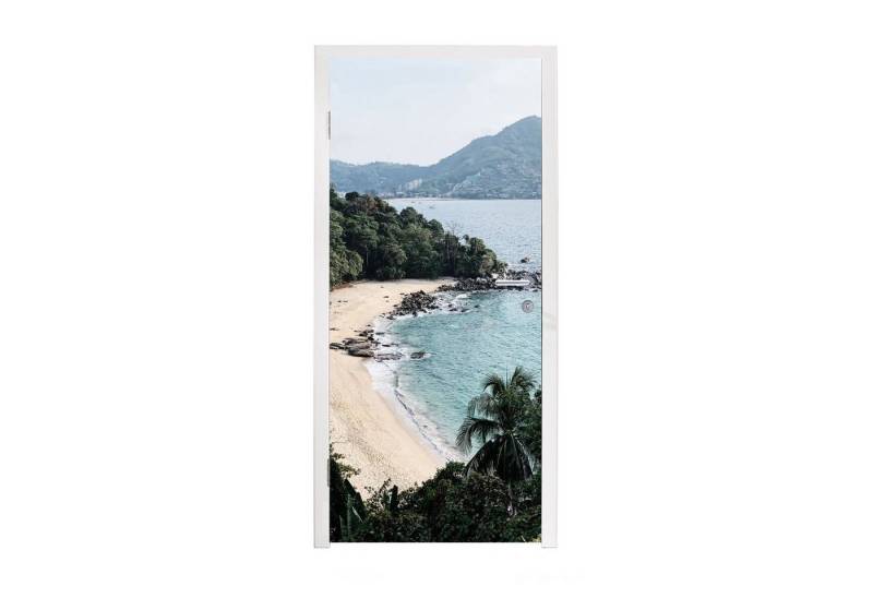 MuchoWow Türtapete Strand - Sommer - Bäume - Meer, Matt, bedruckt, (1 St), Selbstklebende Tapete, Folie für Möbel, 75x205 cm von MuchoWow