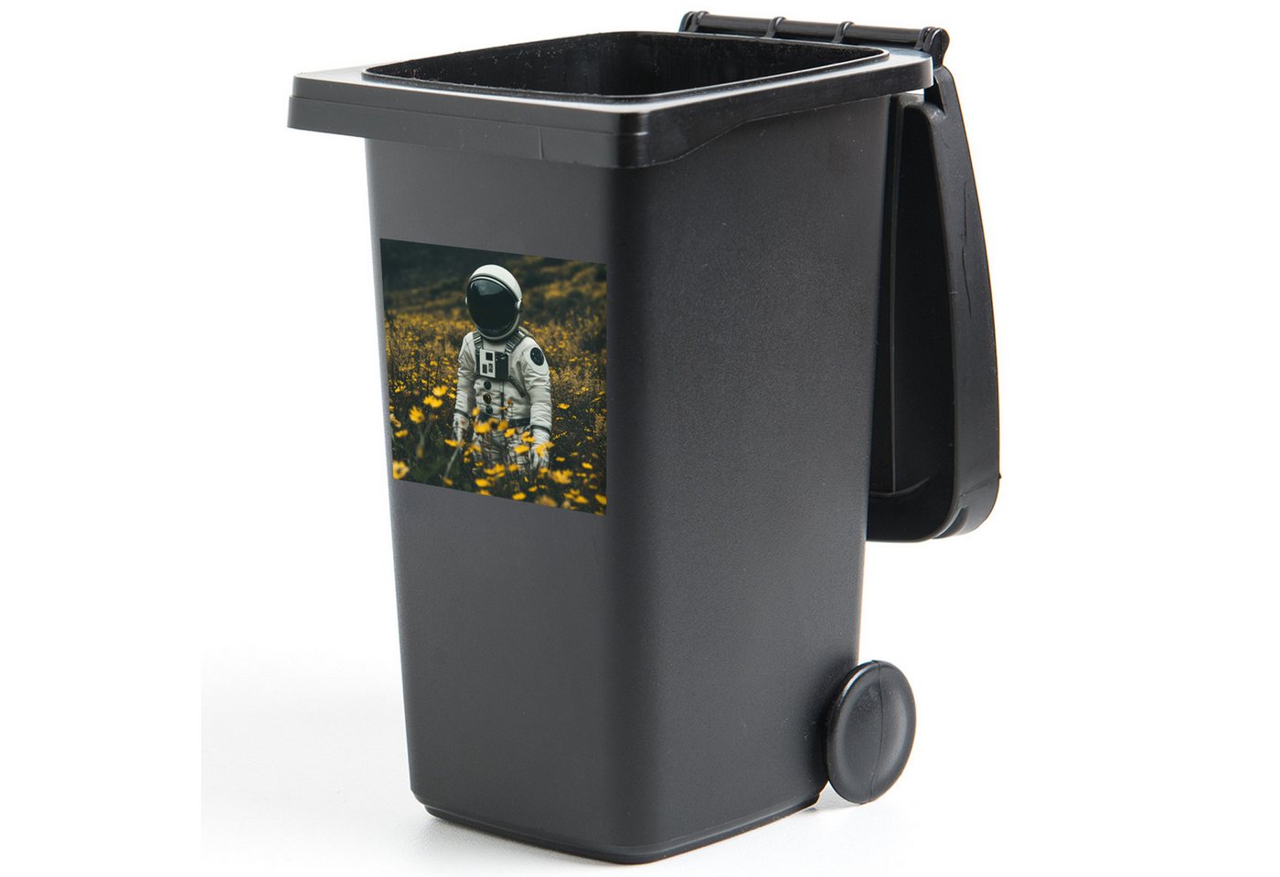 MuchoWow Wandsticker Astronaut - Blumen - Feld - Gelb (1 St), Mülltonnen-Aufkleber, Mülleimer, Mülltonne, Sticker, 40x40 cm von MuchoWow