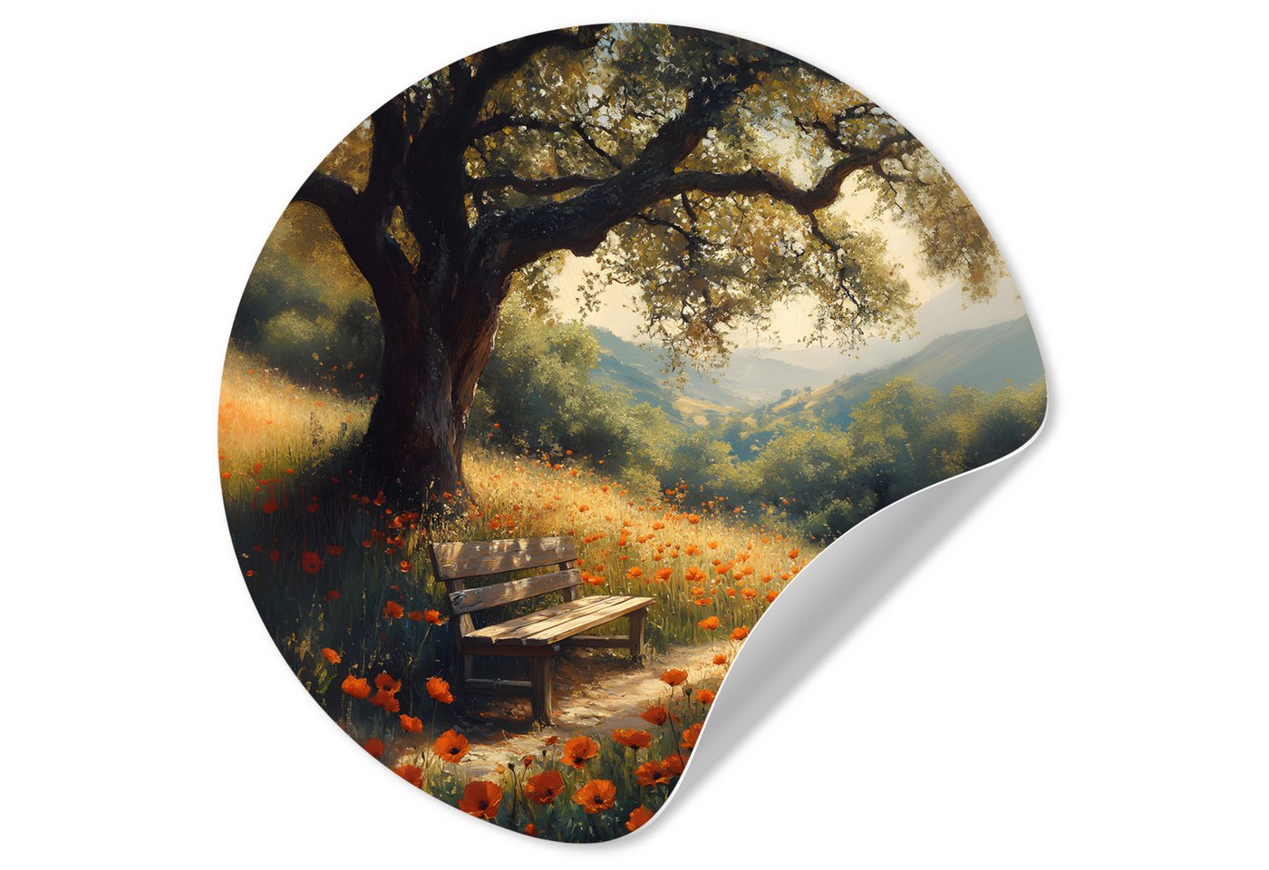 MuchoWow Wandsticker Bank - Baum - Mohnblumen - Hügel (1 St), Wandtattoo Selbstklebend, Wohnzimmer Deko Aufkleber, 30x30 cm von MuchoWow