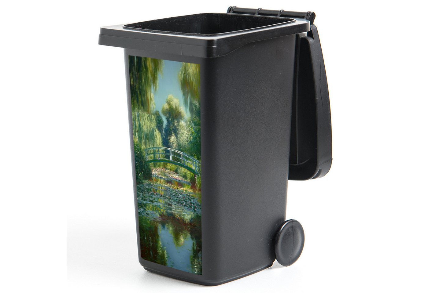MuchoWow Wandsticker Brücke - Holz - Teich - Seerosen (1 St), Mülltonnen-Aufkleber, Mülleimer, Mülltonne, Sticker, 38x80 cm von MuchoWow