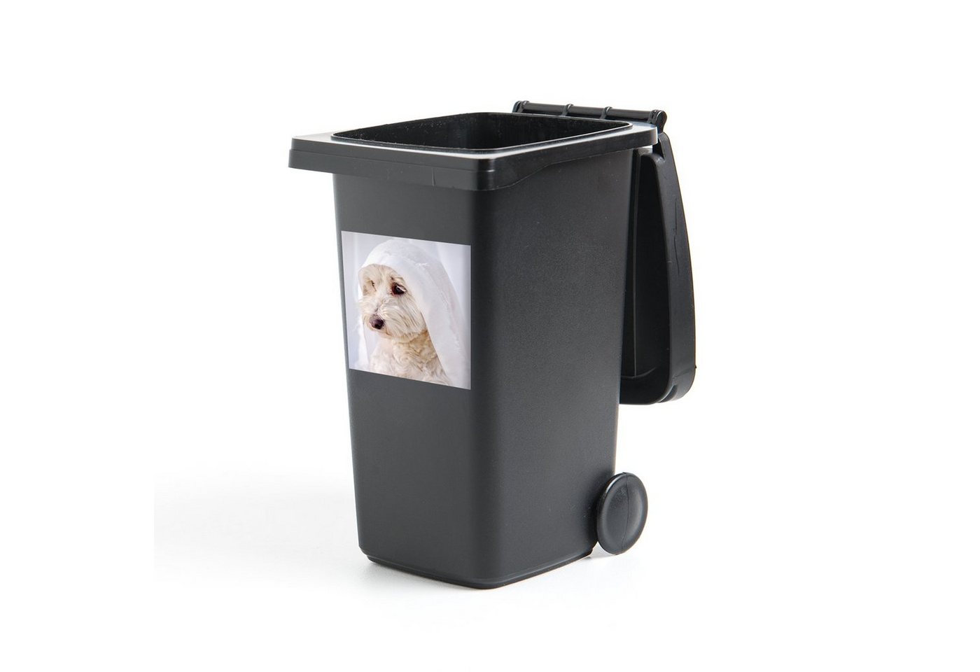 MuchoWow Wandsticker Ein weißer Malteserhund schaut aus dem Fenster (1 St), Mülleimer-aufkleber, Mülltonne, Sticker, Container, Abfalbehälter von MuchoWow