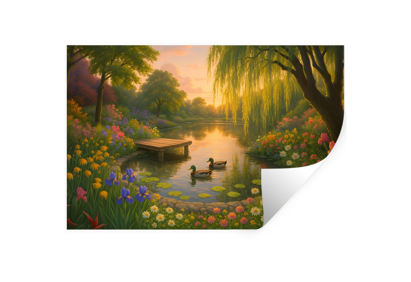 MuchoWow Wandsticker Enten - Teich - Blumen (1 St), Wandtattoo, Selbstklebend, Wohnzimmer, 30x20 cm von MuchoWow
