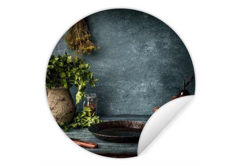 MuchoWow Wandsticker Kräuter - Gewürze - Pfanne - Messer - Grau - Rustikal (1 St), Wandtattoo Selbstklebend, Wohnzimmer Deko Aufkleber, 30x30 cm von MuchoWow