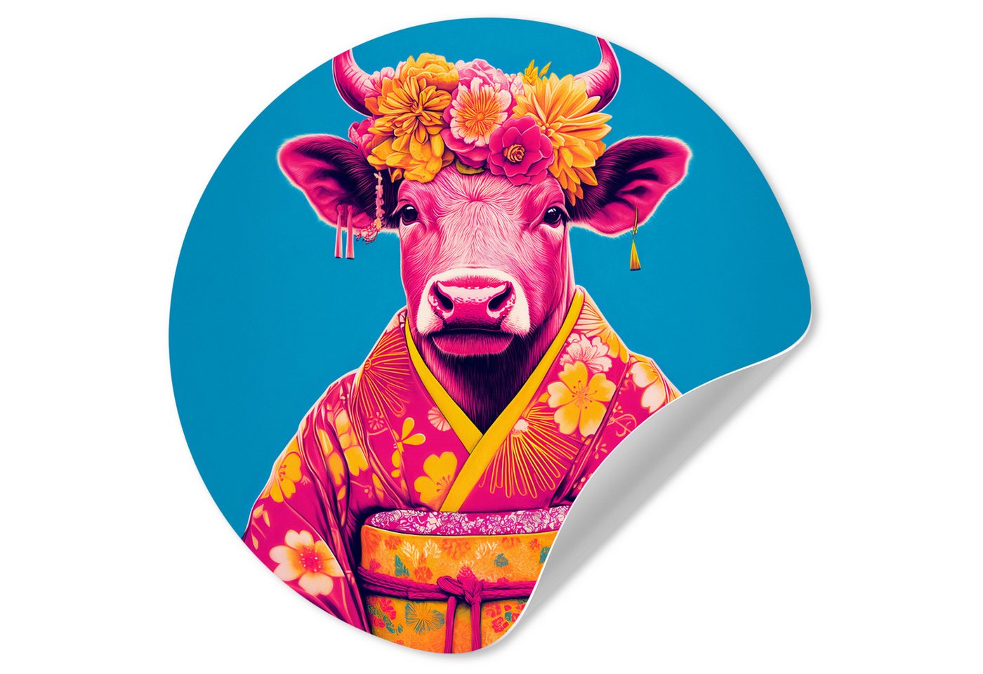 MuchoWow Wandsticker Kuh - Blütenkranz - Ohrringe - Kimono (1 St), Wandtattoo Selbstklebend, Wohnzimmer Deko Aufkleber, 30x30 cm von MuchoWow