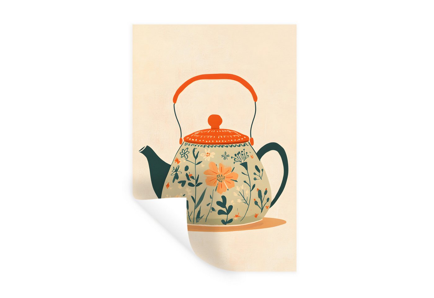MuchoWow Wandsticker Orange - Teekanne - Blumen - Blätter (1 St), Wandtattoo, Selbstklebend, Wohnzimmer, 30x20 cm von MuchoWow