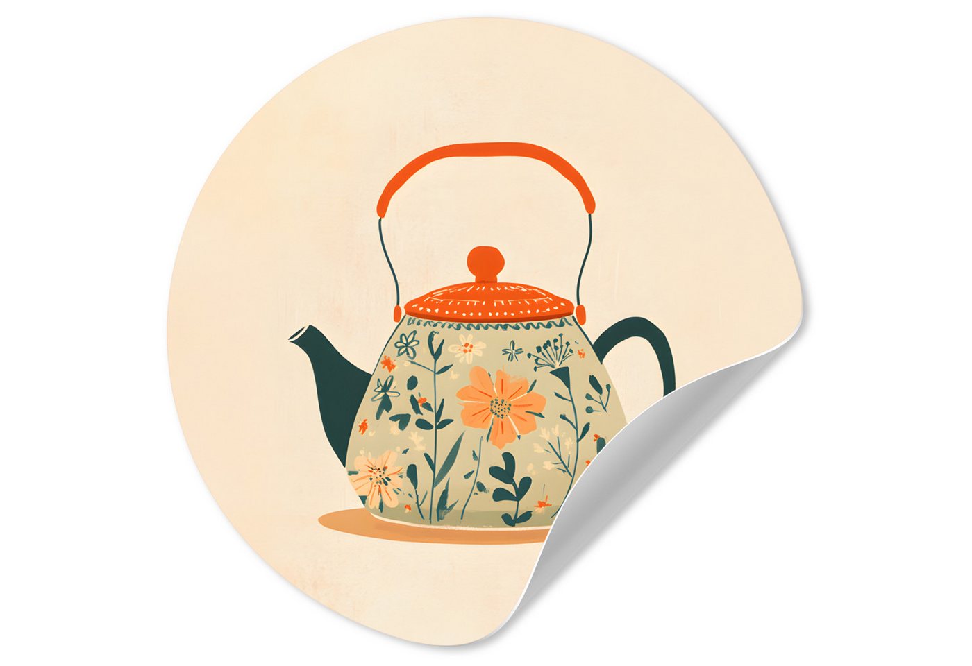 MuchoWow Wandsticker Orange - Teekanne - Blumen - Blätter (1 St), Wandtattoo Selbstklebend, Wohnzimmer Deko Aufkleber, 30x30 cm von MuchoWow
