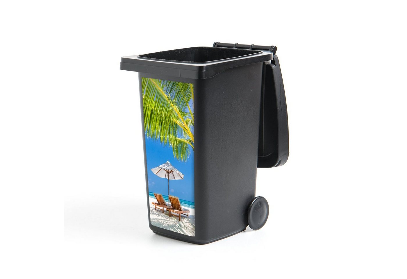 MuchoWow Wandsticker Palme - Strandkorb - Sonnenschirm (1 St), Mülleimer-aufkleber, Mülltonne, Sticker, Container, Abfalbehälter von MuchoWow
