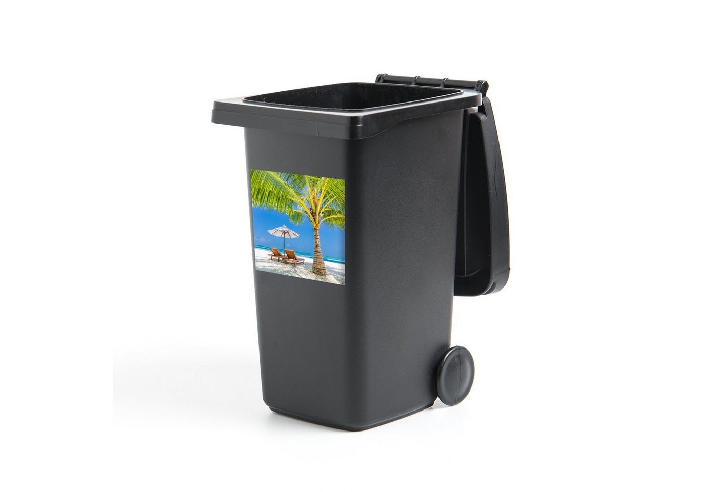 MuchoWow Wandsticker Palme - Strandkorb - Sonnenschirm (1 St), Mülleimer-aufkleber, Mülltonne, Sticker, Container, Abfalbehälter von MuchoWow