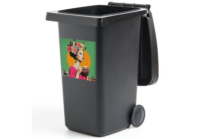 MuchoWow Wandsticker Retro - Frau - Stadt - Sonne (1 St), Mülltonnen-Aufkleber, Mülleimer, Mülltonne, Sticker, 40x40 cm von MuchoWow