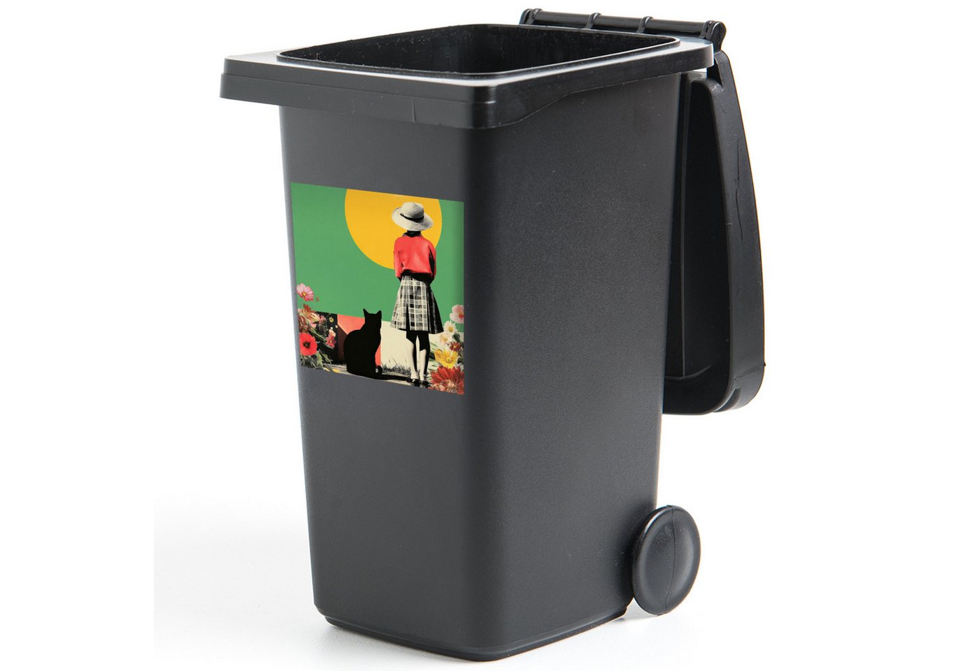 MuchoWow Wandsticker Retro - Mädchen - Katze - Sonne (1 St), Mülltonnen-Aufkleber, Mülleimer, Mülltonne, Sticker, 40x40 cm von MuchoWow