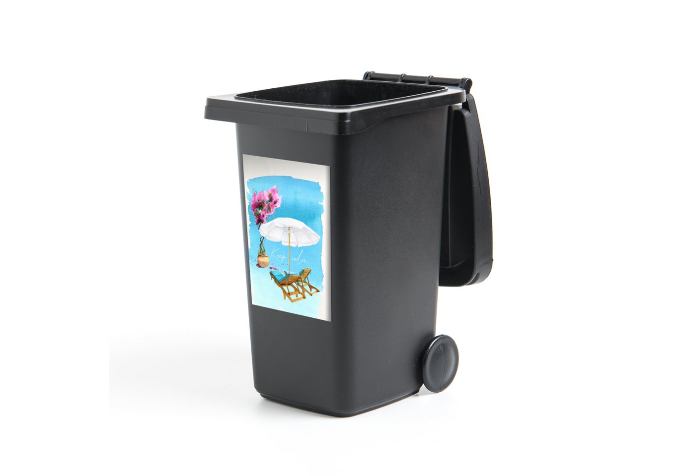 MuchoWow Wandsticker Strandkorb - Blumen - Sonnenschirm - Zeichnung (1 St), Mülleimer-aufkleber, Mülltonne, Sticker, Container, Abfalbehälter von MuchoWow