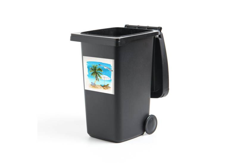 MuchoWow Wandsticker Strandkorb - Sonnenschirm - Palme (1 St), Mülleimer-aufkleber, Mülltonne, Sticker, Container, Abfalbehälter von MuchoWow