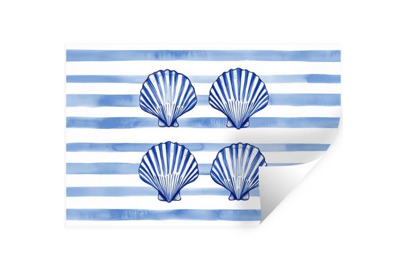 MuchoWow Wandsticker Vier Muscheln - Blau - Weiß - Gestreift (1 St), Wandtattoo, Selbstklebend, Wohnzimmer, 30x20 cm von MuchoWow
