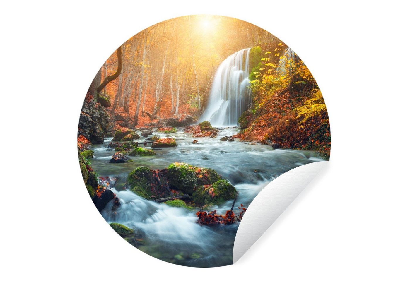 MuchoWow Wandsticker Wasserfall - Sonne - Herbst (1 St), Tapetenkreis für Kinderzimmer, Tapetenaufkleber, Rund, Wohnzimmer von MuchoWow