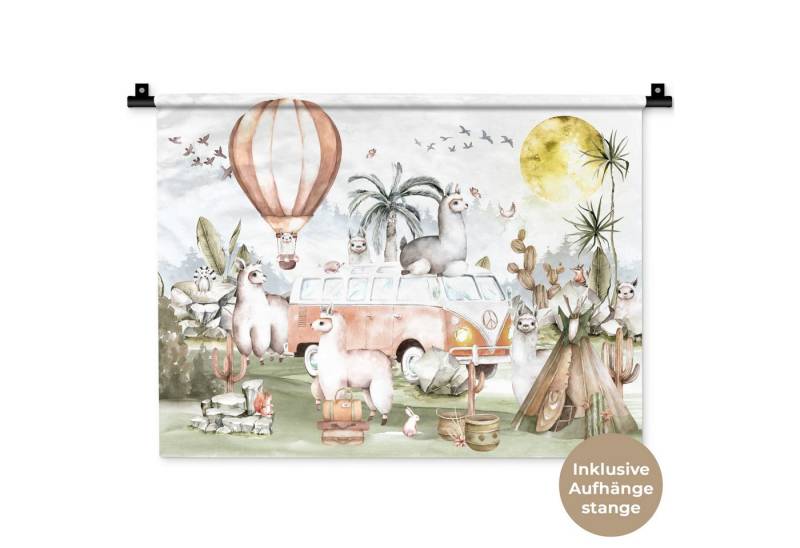 MuchoWow Wandteppich Alpaka - Tiere - Kinder - Heißluftballon - Kinder, Rechteckig, Höhe: 3 mm, Wanddeko Teppich Wohnzimmer, Schlafzimmer, 60x45 cm von MuchoWow
