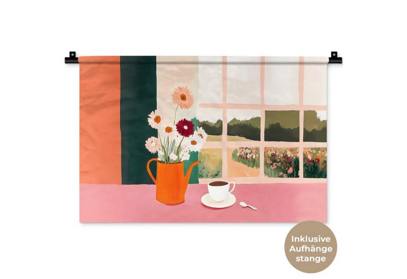 MuchoWow Wandteppich Blumen - Kaffee - Fenster, Rechteckig, Höhe: 3 mm, Wandteppich für Wohnzimmer, Schlafzimmer, 60x40 cm von MuchoWow