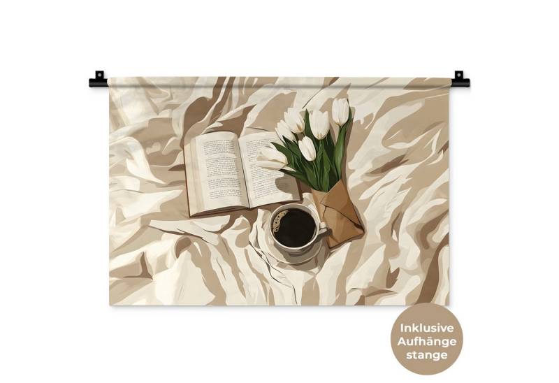 MuchoWow Wandteppich Buch - Illustration - Tulpen - Kaffee, Rechteckig, Höhe: 3 mm, Wandteppich für Wohnzimmer, Schlafzimmer, 60x40 cm von MuchoWow