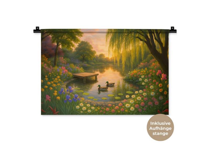 MuchoWow Wandteppich Enten - Teich - Blumen, Rechteckig, Höhe: 3 mm, Wandteppich für Wohnzimmer, Schlafzimmer, 60x40 cm von MuchoWow