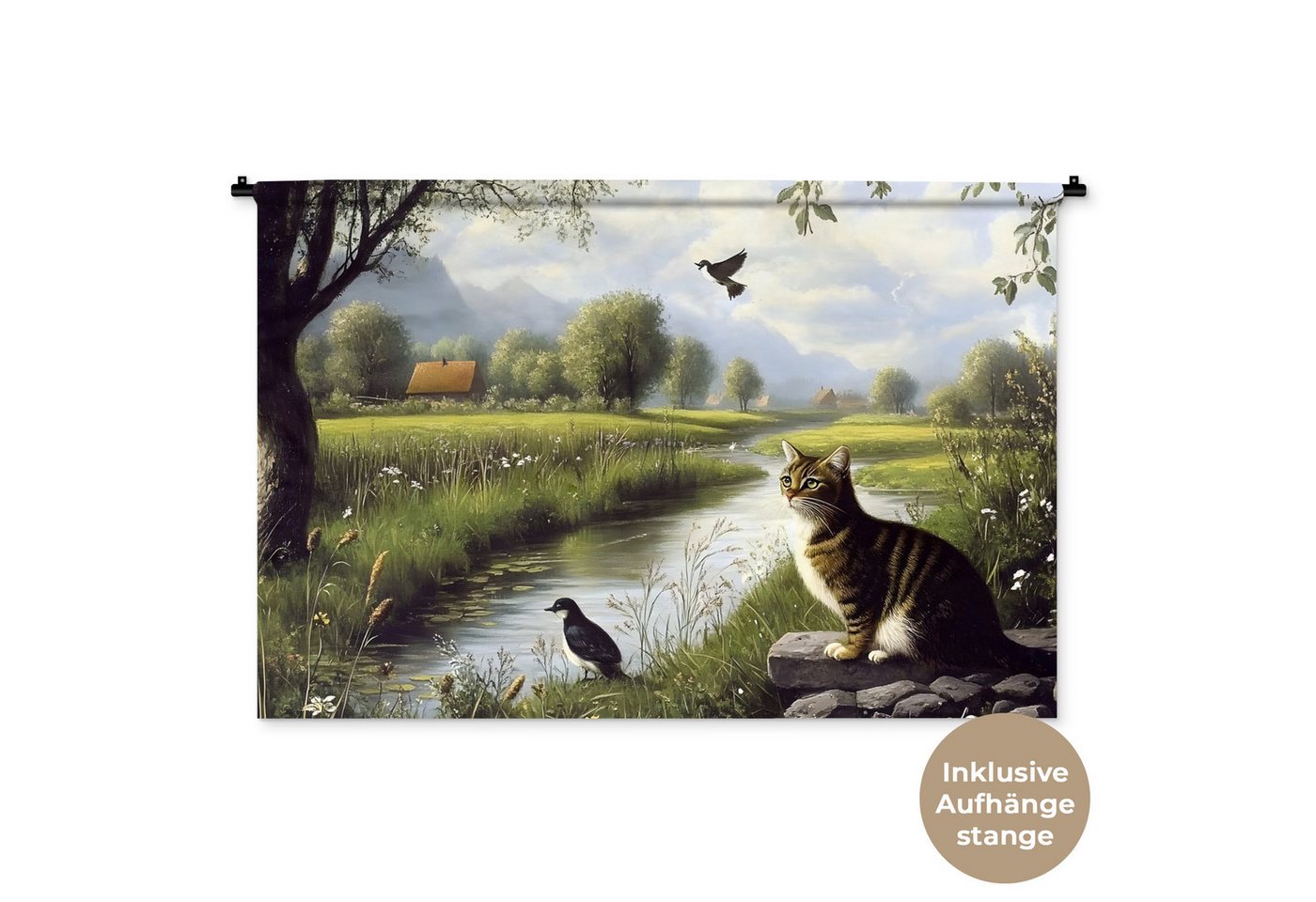 MuchoWow Wandteppich Katze - Bach - Wiese von MuchoWow