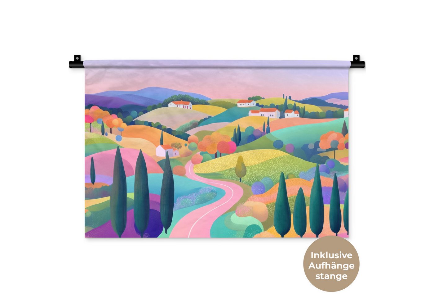 MuchoWow Wandteppich Landschaft - Lila - Pastell - Häuser, Rechteckig, Höhe: 3 mm, Wandteppich für Wohnzimmer, Schlafzimmer, 60x40 cm von MuchoWow