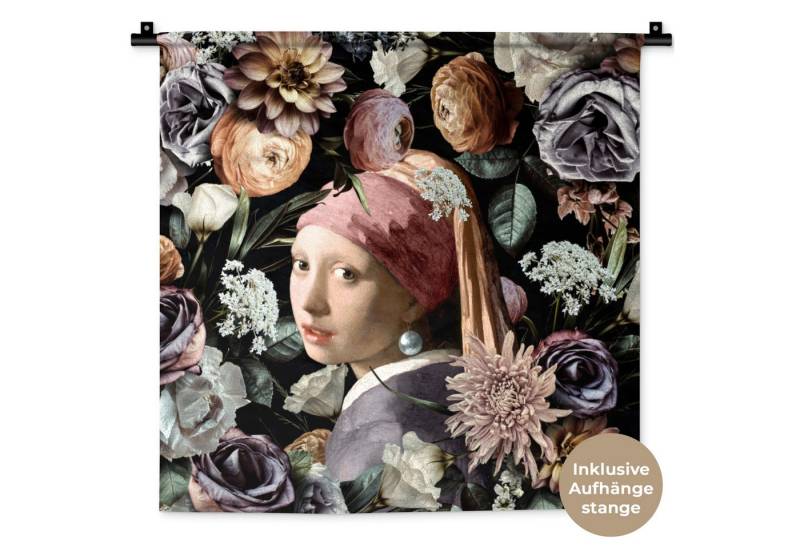 MuchoWow Wandteppich Mädchen mit Perlenohrring - Blumen - Vermeer - Pastell - Kunstwerk - G, Quadratisch, Höhe: 3 mm, Wand Teppich, Deko für an den Wand, 60x60 cm von MuchoWow