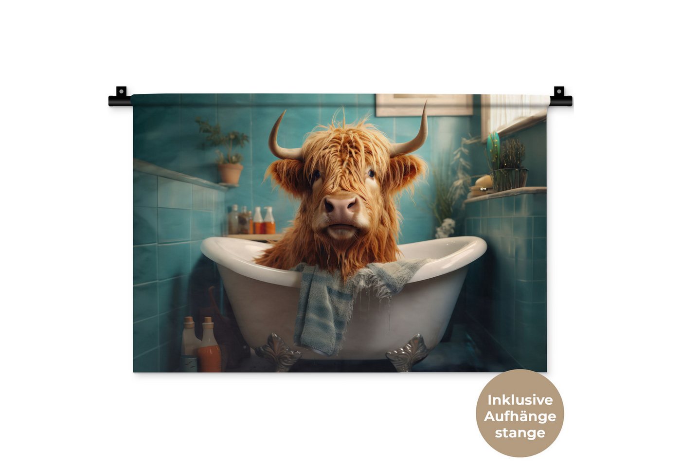 MuchoWow Wandteppich Schottischer Highlander - Badezimmer - Blau - Bad, Rechteckig, Höhe: 3 mm, Wandteppich für Wohnzimmer, Schlafzimmer, 60x40 cm MuchoWow Wandteppich Schottischer Highlander - Badezimmer - Blau - Bad, Rechteckig, Höhe: 3 mm, Wandteppich für Wohnzimmer, Schlafzimmer, 60x40 cm von MuchoWow