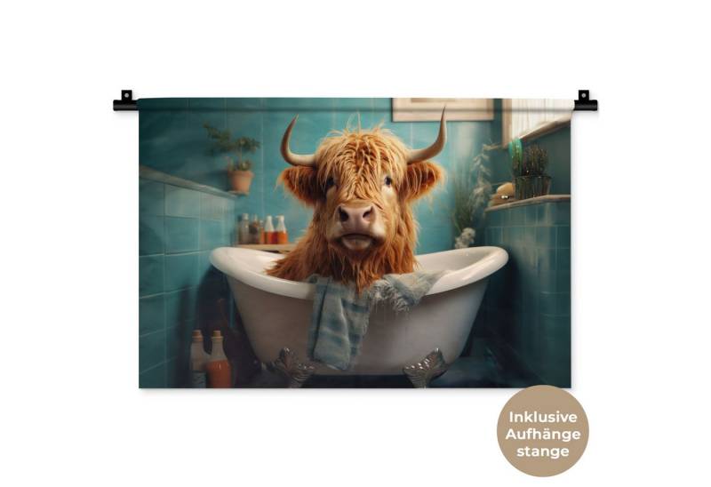 MuchoWow Wandteppich Schottischer Highlander - Badezimmer - Blau - Bad, Rechteckig, Höhe: 3 mm, Wandteppich für Wohnzimmer, Schlafzimmer, 60x40 cm MuchoWow Wandteppich Schottischer Highlander - Badezimmer - Blau - Bad, Rechteckig, Höhe: 3 mm, Wandteppich für Wohnzimmer, Schlafzimmer, 60x40 cm von MuchoWow