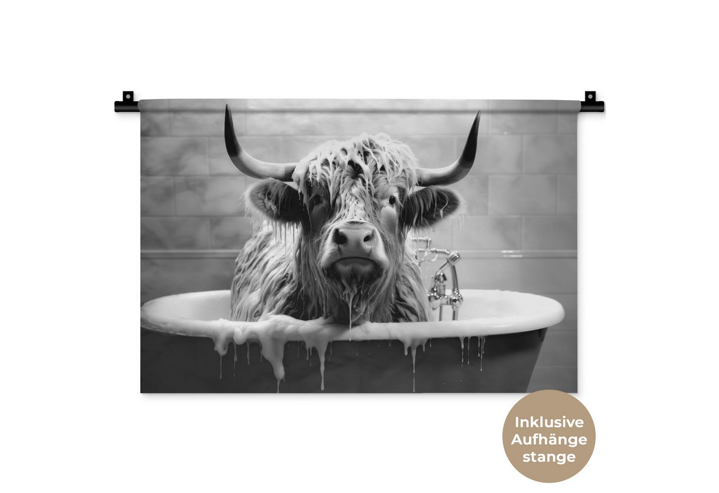 MuchoWow Wandteppich Schottischer Highlander - Schwarz und Weiß - Bad - Schaumstoff, Rechteckig, Höhe: 3 mm, Wandteppich für Wohnzimmer, Schlafzimmer, 60x40 cm MuchoWow Wandteppich Schottischer Highlander - Schwarz und Weiß - Bad - Schaumstoff, Rechteckig, Höhe: 3 mm, Wandteppich für Wohnzimmer, Schlafzimmer, 60x40 cm von MuchoWow