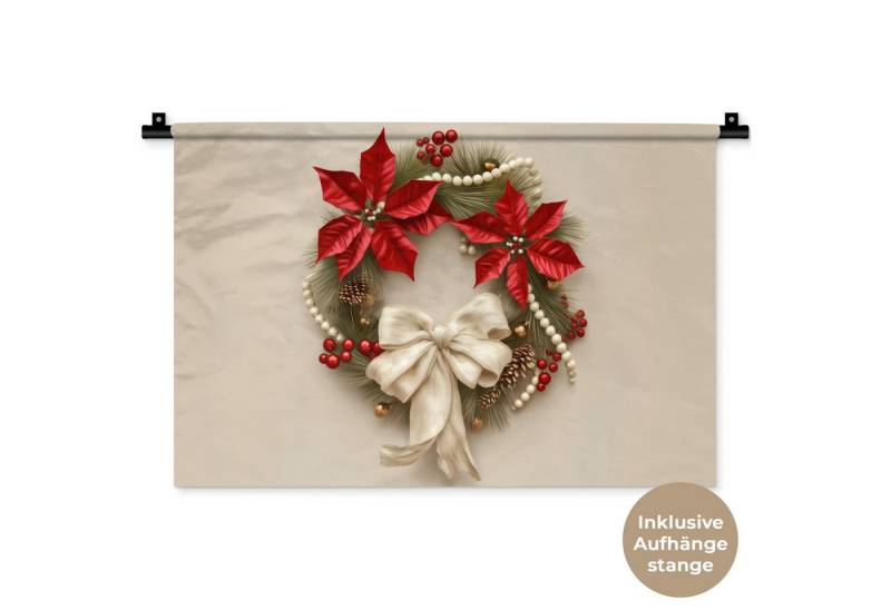 MuchoWow Wandteppich Türkranz - Schleife - Weihnachten - Rot - Grün, Rechteckig, Höhe: 3 mm, Wandteppich für Wohnzimmer, Schlafzimmer, 60x40 cm von MuchoWow