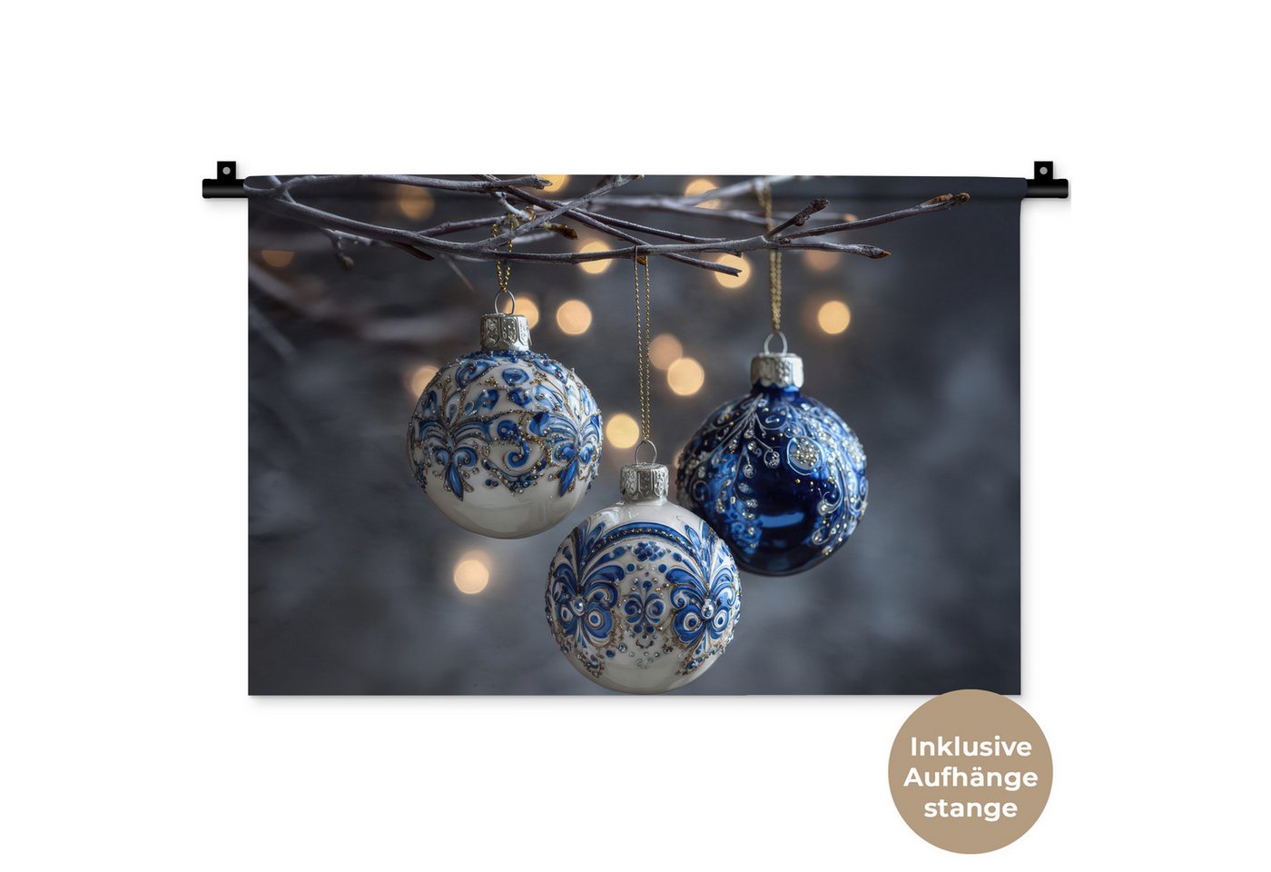 MuchoWow Wandteppich Weihnachtskugel - Dekoriert - Blau, Rechteckig, Höhe: 3 mm, Wandteppich für Wohnzimmer, Schlafzimmer, 60x40 cm von MuchoWow