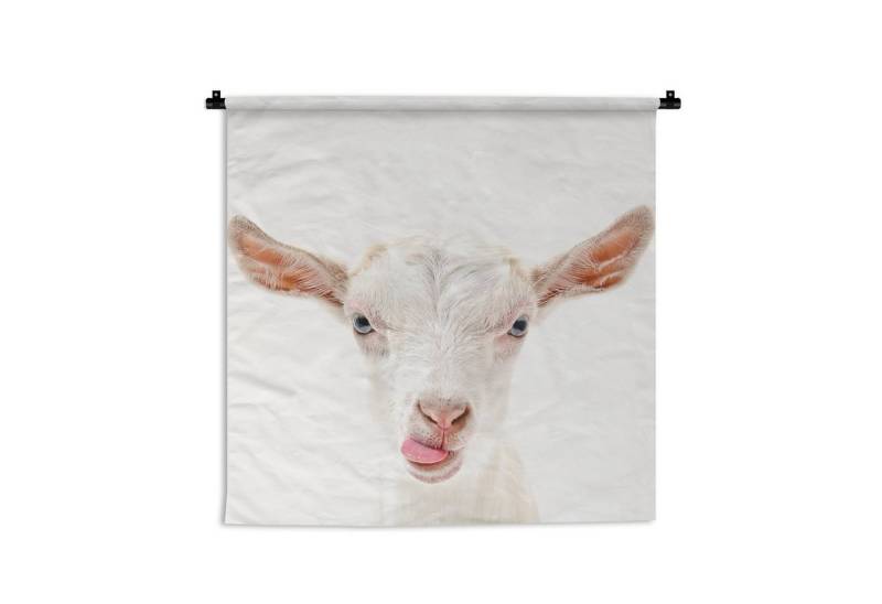 MuchoWow Wandteppich Ziege - Porträt - Junge - Mädchen - Kinder - Weiß, Quadratisch, Höhe: 3 mm, Wand Teppich, Deko für an den Wand, 60x60 cm von MuchoWow