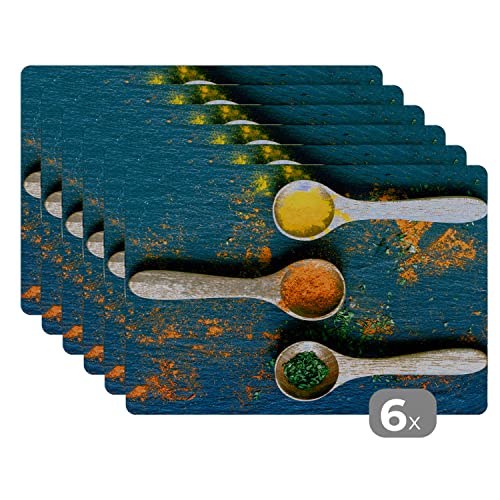 Placemats Platzdeckchen Platzset Tischset 6-teilig Tischdeko Untersetzer 45x30 cm Gewürze - Löffel - Kräuter - Braun - Gelb - Grün von MuchoWow