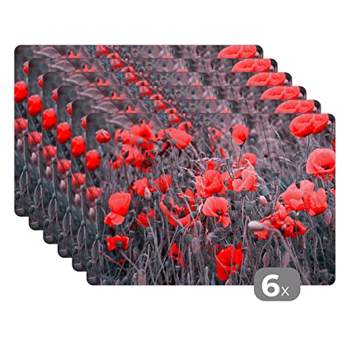Placemats Platzdeckchen Platzset Tischset 6-teilig Tischdeko Untersetzer 45x30 cm Rote Mohnblumen in einem Schwarz-Weiß-Bild von MuchoWow