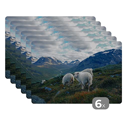 Placemats Platzdeckchen Platzset Tischset 6-teilig Tischdeko Untersetzer 45x30 cm Schafe - Natur - Berge von MuchoWow