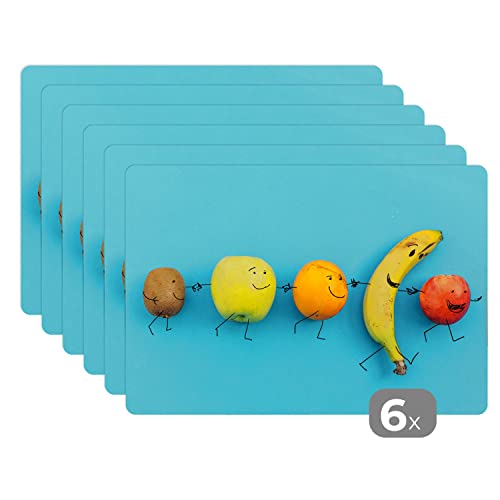 Placemats Platzdeckchen Platzset Tischset 6-teilig Tischdeko Untersetzer 45x30 cm Smiley - Obst - Blau von MuchoWow