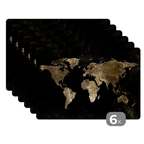 Placemats Platzdeckchen Platzset Tischset 6-teilig Tischdeko Untersetzer 45x30 cm Weltkarte - Schwarz - Gold von MuchoWow
