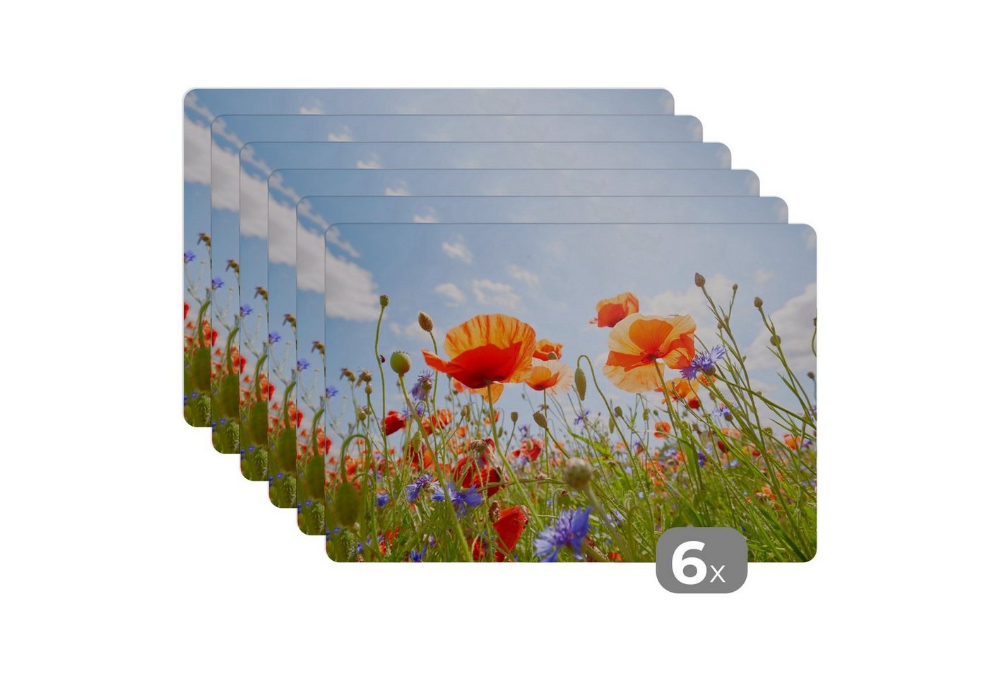 Platzset, Blumen - Mohn - Frühling - Natur - Rot - Blau, MuchoWow, (6-St), Platzset, Platzdecken, Platzmatte, Tischmatten, Schmutzabweisend von MuchoWow