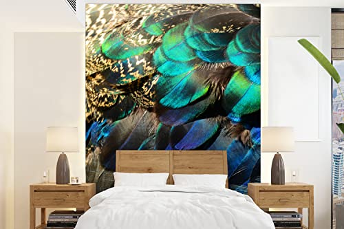 Selbstklebend Tapete Wandpapier Wandaufkleber Fototapete Tapeten Wanddeko 190x260 cm Federn - Pfauenfedern - Pfau - Blau - Kunst von MuchoWow