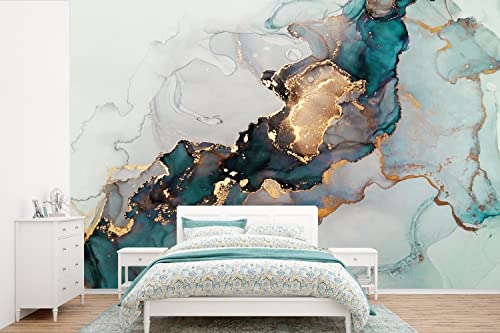 Selbstklebend Tapete Wandpapier Wandaufkleber Fototapete Tapeten Wanddeko 330x220 cm Blau - Marmor - Gold von MuchoWow