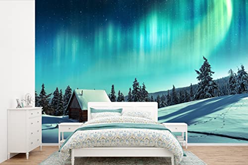 Selbstklebend Tapete Wandpapier Wandaufkleber Fototapete Tapeten Wanddeko 330x220 cm Nordlichter - Schnee - Haus - Winter von MuchoWow